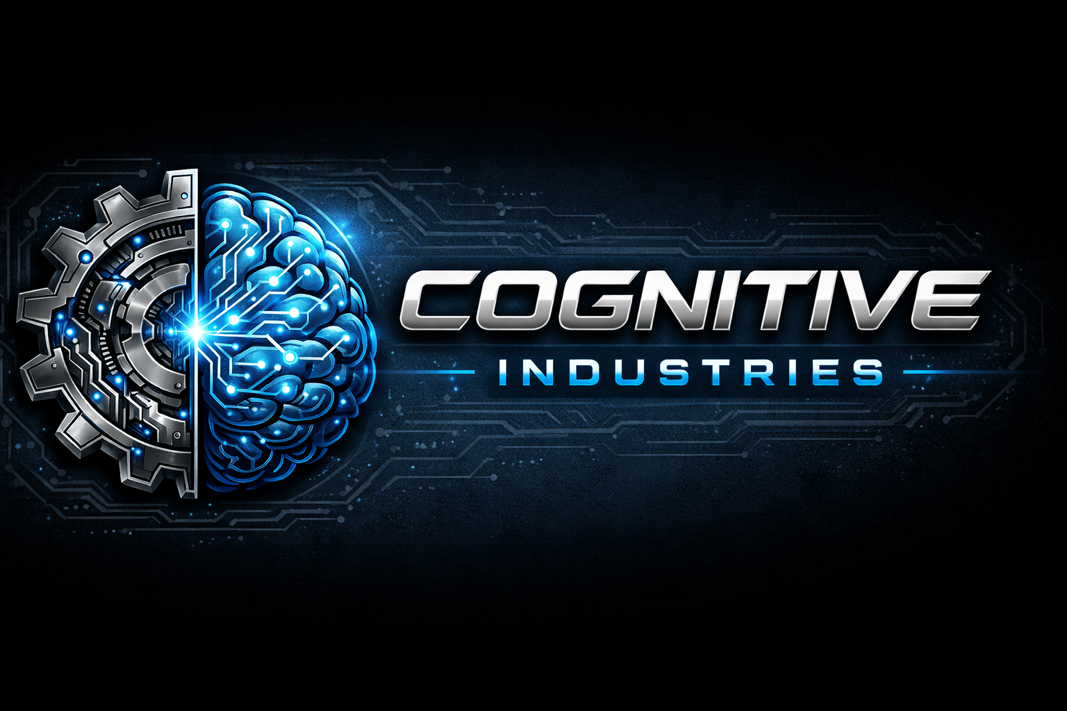 Cognitive Industries — Brain split: mechanical gear left, neural circuit right